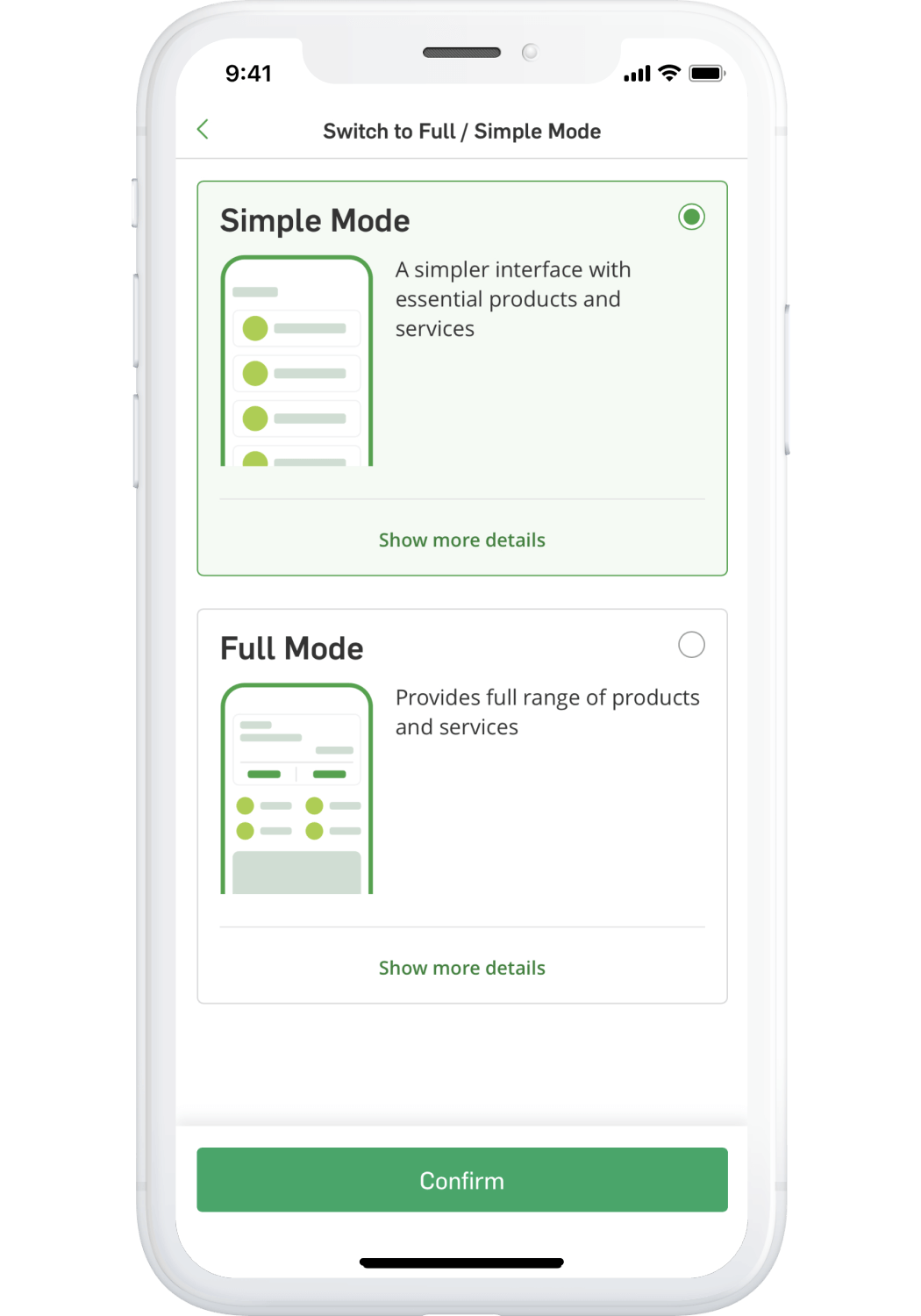Tap on “Switch to Full / Simple mode” > “Simple Mode”, then click “Confirm”
