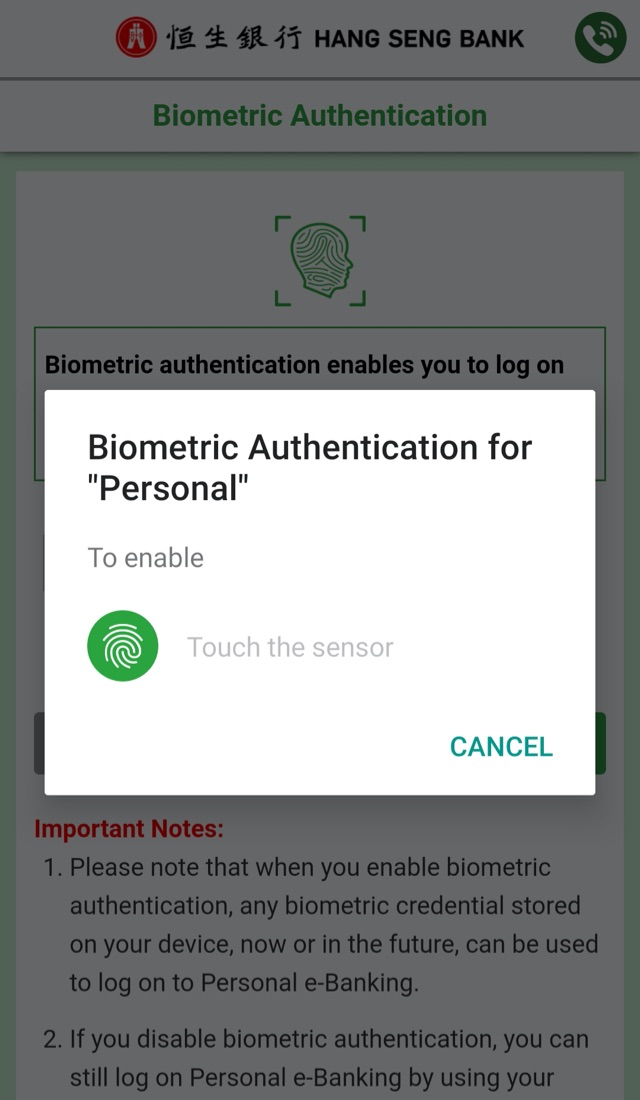 Mobile Security Key and Biometric Authentication Hang Seng Bank